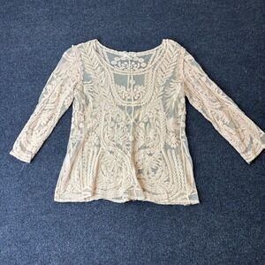 Saint Tropez West Blouse Womens Small Beige Sheer Embroidered Floral 3/4 Sleeve
